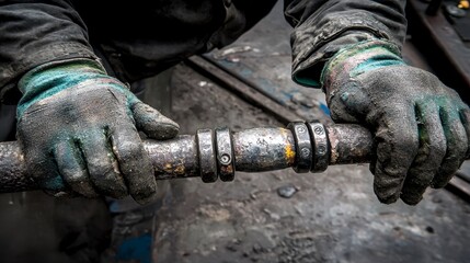 Skilled Hands Gripping Metal Pipe in Industrial Setting with Dirt and Wear on Gloves and Equipment