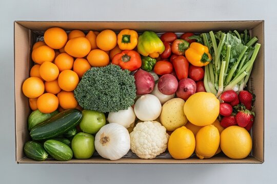A vibrant display of assorted fresh fruits and vegetables arranged in a box, showcasing colorful and healthy produce.