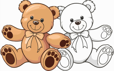A cute brown teddy bear and an outlined white teddy bear, both with big smiles and colorful bows, sit side by side