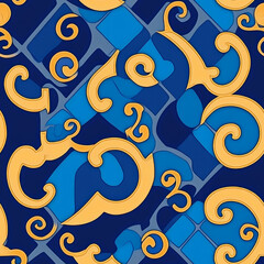 A Mongolian ger (yurt) decoration pattern, where swirling geometric motifs in bright blue and gold evoke traditional nomadic culture