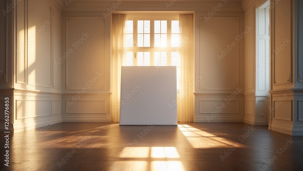 Poster sunlight streaming through large windows illuminates a blank canvas in a spacious room during the ea