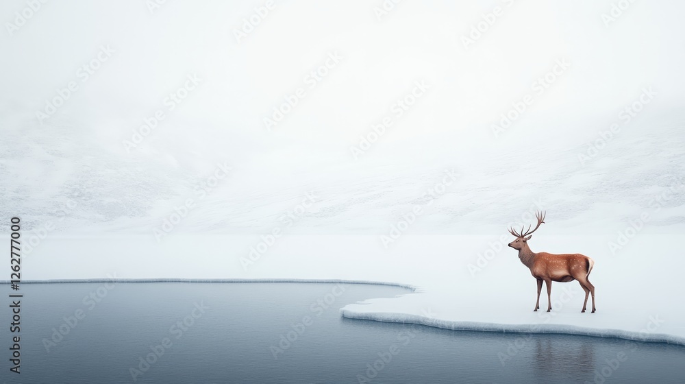 Poster majestic red deer with large antlers standing on a partially frozen lake, surrounded by a serene sno