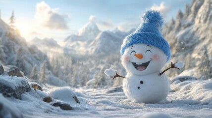 Obraz premium Joyful Snowman in Winter Mountain Landscape