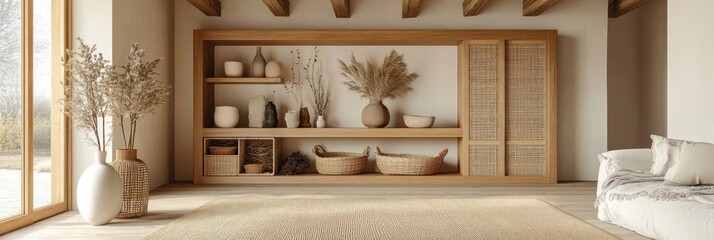 Modern minimalist living room with wooden shelving and natural decor
