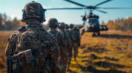 Obraz premium Soldiers line up in formation near a military helicopter during a training exercise in a woodland area, showcasing teamwork and readiness in the autumn landscape.