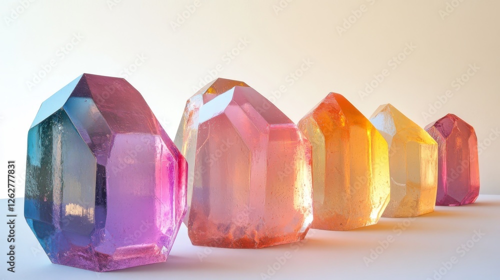 Poster gradient array of colorful crystals standing in a bright room