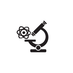 Chemistry icon with magnifying device and atom for scientific study