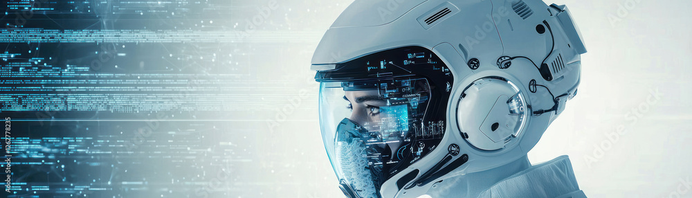 Poster futuristic astronaut helmet with digital interface and data visualization