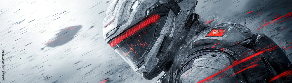 Poster futuristic soldier in advanced armor with glowing visor, dynamic background