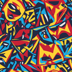 Obraz premium A stylized Lucha Libre wrestling mask pattern with bold, angular designs in red, blue, and yellow, capturing the spirit of Mexican wrestling