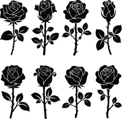 Obraz premium Set of black rose silhouettes on white background. Vector illustration.