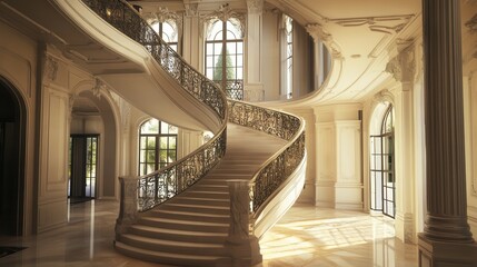 Obraz premium Elegantly designed spiral staircase illuminated by soft afternoon light in a grand architectural masterpiece. Generative AI