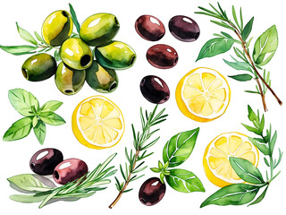 Fresh olives and herbs with lemon slices on a white background creating a vibrant culinary arrangement