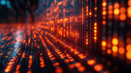 Abstract glowing digital data stream flowing through a dark tunnel.
