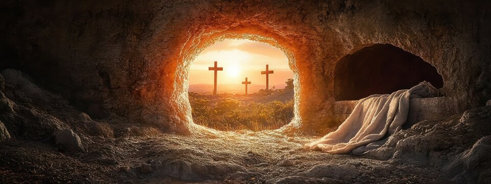 Tomb Interior at Sunrise with Three Crosses and Grave Clothes Symbolizing Resurrection of Jesus Christ