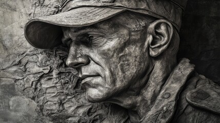 Fototapeta premium The Veteran's Tribute - Majestic Bas-Relief of an American Soldier Capturing Service and Sacrifice in Stone