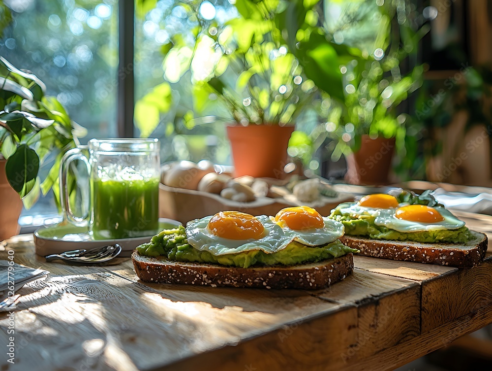 Poster rustic wooden table with avocado toast and sunny side up eggs in bright setting. generative ai.