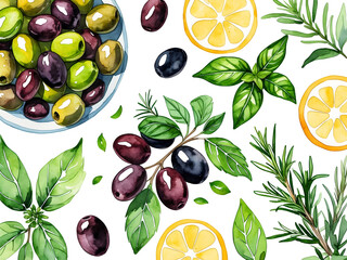Mixed ingredients including fresh olives, aromatic basil, and yellow lemon slices arranged on a vibrant background