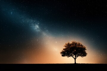 Starry Night Sky with Solitary Tree Silhouetted Against Heavenly Galaxy and Cosmic Background