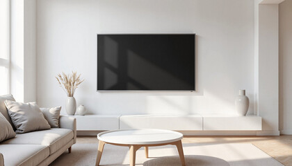 Modern living room with minimalist decor and a flat-screen TV