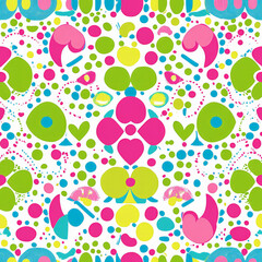 A pattern of repeating hearts, circles, and scattered dots, arranged in a playful, symmetrical way with bright, happy colors like pink, green, and blue. Perfect for kids&acirc;&euro;&trade; toys or room accessories