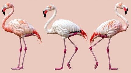 Fototapeta premium Elegant Collection of Three Flamingos Standing Gracefully on a Soft Pink Background