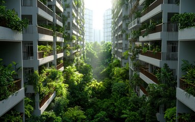 Lush Greenery Surrounding Modern Apartment Buildings in an Urban Jungle Environment