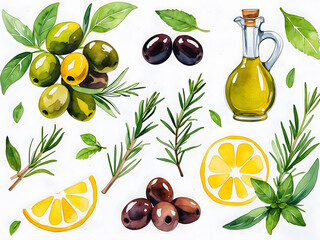 Colorful arrangement of olives, basil, lemon, and olive oil showcasing fresh Mediterranean ingredients