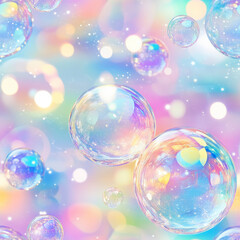 A bubbly dot pattern, with floating transparent dots resembling soap bubbles, softly reflecting rainbow colors. A magical and dreamy kids' design