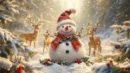 Joyful Snowman with Deer in Snowy Winter Forest