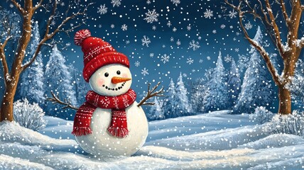 Fototapeta premium Joyful Snowman in Snowy Winter Forest