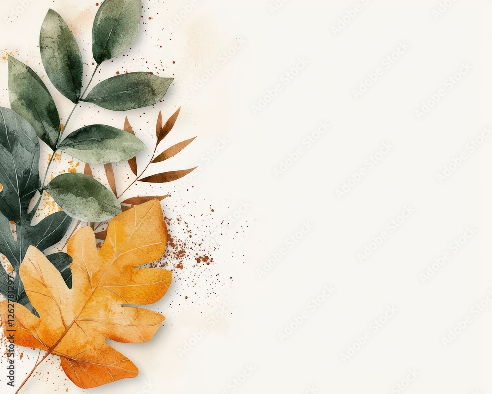 Poster elegant composition of various autumn leaves with soft background in earthy tones and textured patte
