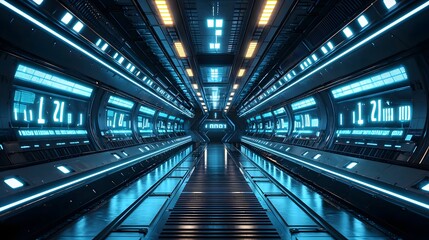 Fototapeta premium Futuristic Blue Neon Geometric Lights in 3D Abstract Space Corridor