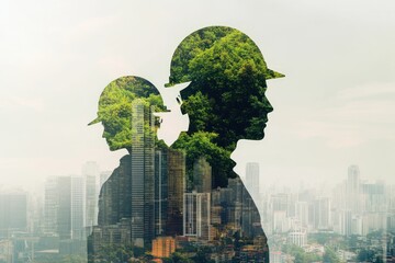 Double exposure image of construction workers with a silhouette of trees and urban skyline, symbolizing harmony between nature and development