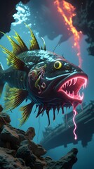Monster blue fish in a deep sea generated with ai