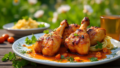  &ldquo;Grilled chicken legs with honey mustard sauce on a summer landscape background&rdquo; - image showing chicken legs beautifully served on an outdoor table surrounded by greenery and flowers.