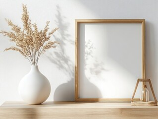 Minimalist Interior Scene with Dried Plants White Ceramic Vase Empty Frame and Soft Natural Light
