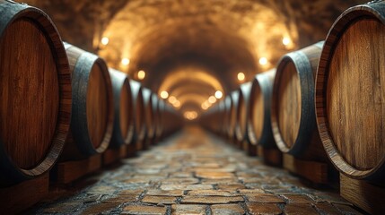 Wine barrels lined up in a stone-paved wine cellar, warm lighting