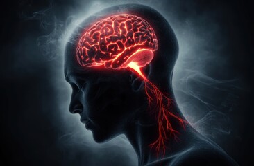 Fototapeta premium Surreal Headache Pain Concept with Glowing Brain and Ethereal Background in 3D Illustration