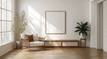 Modern Minimalist Living Room with White Walls and Wooden Furniture