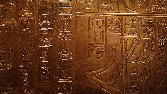 A golden wall adorned with ancient Egyptian hieroglyphs, narrating sacred texts and rituals. These intricate carvings preserve the wisdom, traditions, and spiritual beliefs of a lost civilization.