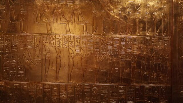 A golden wall of ancient Egyptian hieroglyphs and divine figures, depicting sacred texts and rituals. These engravings preserve the mythology, beliefs, and funerary practices of the pharaohs.