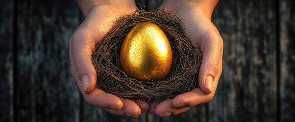 Golden Egg Nest in Hands on Wooden Table for Investment and Retirement Savings Concept