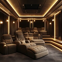 Fototapeta premium Luxurious home theater features plush seating and ambient lighting