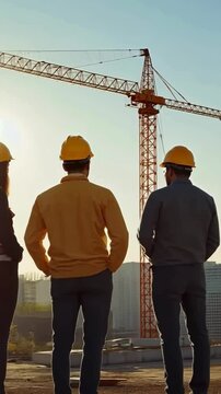 footage with group of 3 workers in hard-helmet, including female, during building development; crane in the background; copy space