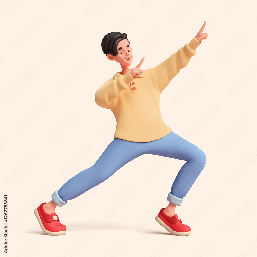 Fototapete full length of young handsome smiling asian guy with open mouth standing in dynamic pose looking poi