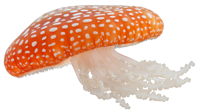 a photo of a red and white mushroom on a transparent background, PNG image, PNG file, Generative art. - Powered by Adobe