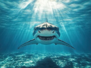 Great White Shark Swimming in Coral Reef Shallows with Sunlight and God Rays