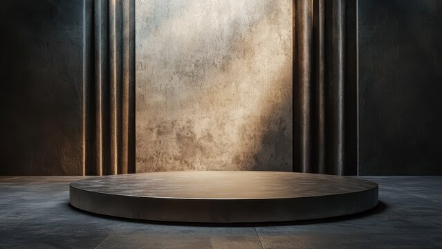 Circular podium with textured vertical columns backdrop and dramatic lighting