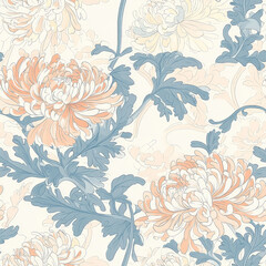 Fototapeta premium A delicate ukiyo-e inspired floral pattern, featuring traditional Japanese chrysanthemums in soft pastel hues